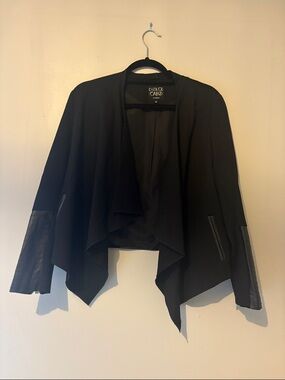 Dolce Cabo Black Draped Open-Front Blazer with Leather Trim